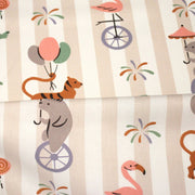 Tissu cotonnade enfant rayé sable blanc aux dinos, tigres et flamands rose - STANDARD 100 OEKO - TEX - tissuspipi.com