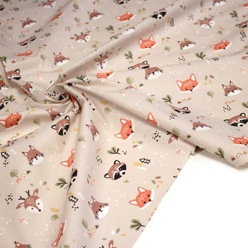 Tissu cotonnade enfant sable aux renards, cerfs et ratons laveurs - STANDARD 100 OEKO - TEX - tissuspipi.com