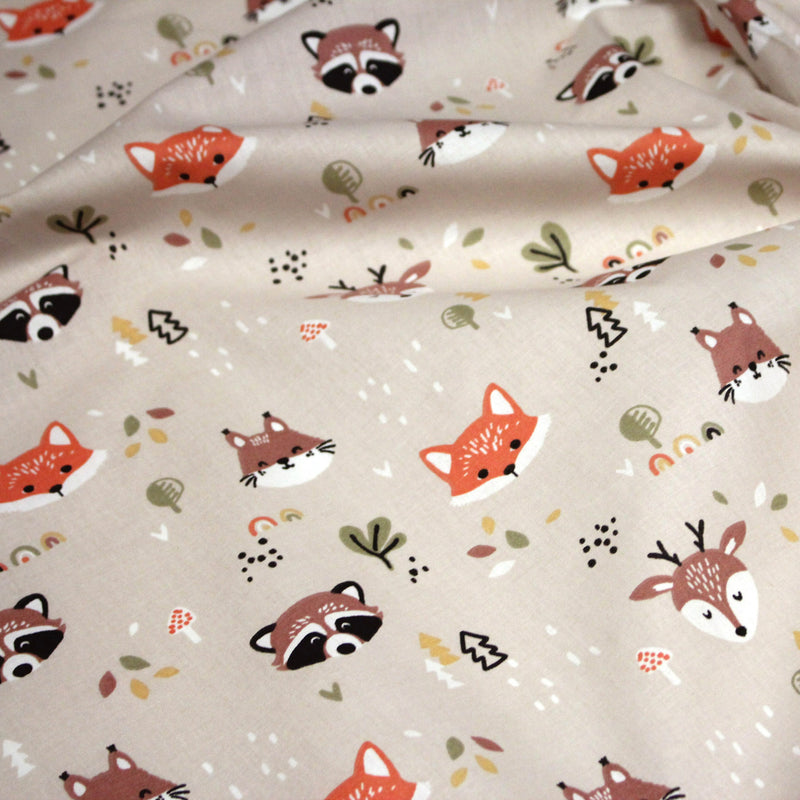 Tissu cotonnade enfant sable aux renards, cerfs et ratons laveurs - STANDARD 100 OEKO - TEX - tissuspipi.com