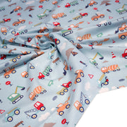 Tissu cotonnade enfant bleu aux grues, camions et tracteurs - STANDARD 100 OEKO - TEX - tissuspipi.com