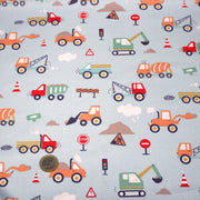 Tissu cotonnade enfant bleu aux grues, camions et tracteurs - STANDARD 100 OEKO - TEX - tissuspipi.com