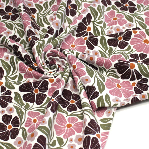 Tissu velours milleraies imprimé SEVENTIES, fleuri rose & aubergine, feuilles vertes - STANDARD 100 OEKO - TEX - tissuspipi.com