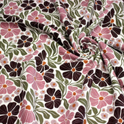 Tissu velours milleraies imprimé SEVENTIES, fleuri rose & aubergine, feuilles vertes - STANDARD 100 OEKO - TEX - tissuspipi.com