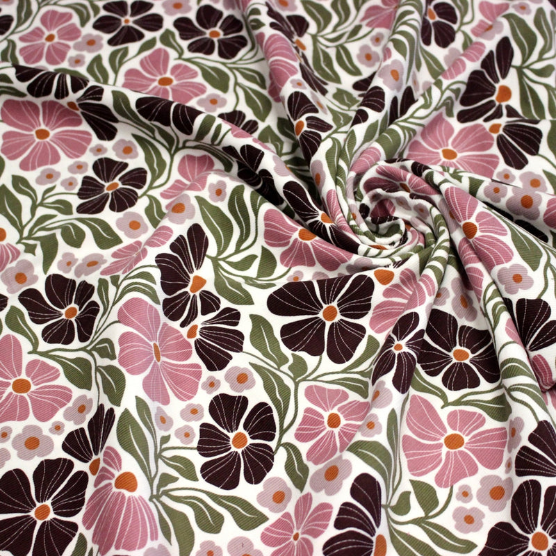 Tissu velours milleraies imprimé SEVENTIES, fleuri rose & aubergine, feuilles vertes - STANDARD 100 OEKO - TEX - tissuspipi.com