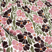 Tissu velours milleraies imprimé SEVENTIES, fleuri rose & aubergine, feuilles vertes - STANDARD 100 OEKO - TEX - tissuspipi.com