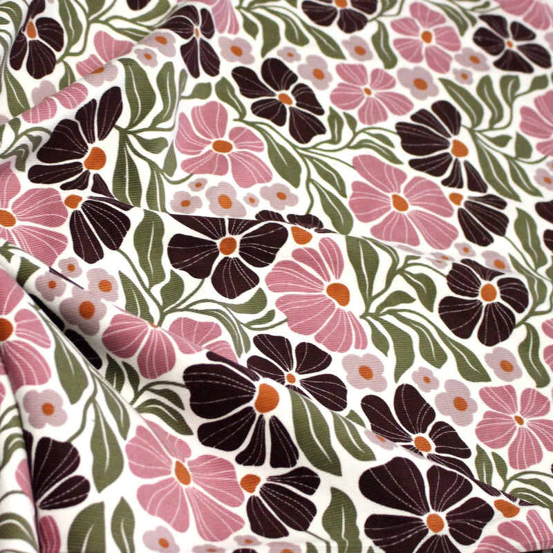 Tissu velours milleraies imprimé SEVENTIES, fleuri rose & aubergine, feuilles vertes - STANDARD 100 OEKO - TEX - tissuspipi.com