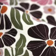 Tissu velours milleraies imprimé SEVENTIES, fleuri rose & aubergine, feuilles vertes - STANDARD 100 OEKO - TEX - tissuspipi.com