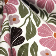 Tissu velours milleraies imprimé SEVENTIES, fleuri rose & aubergine, feuilles vertes - STANDARD 100 OEKO - TEX - tissuspipi.com