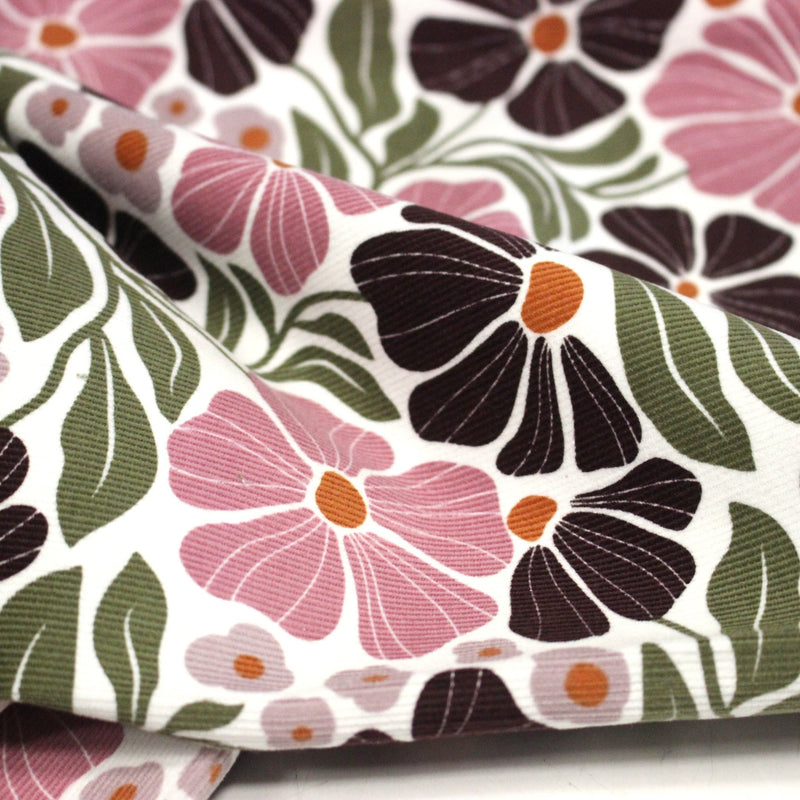 Tissu velours milleraies imprimé SEVENTIES, fleuri rose & aubergine, feuilles vertes - STANDARD 100 OEKO - TEX - tissuspipi.com