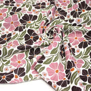 Tissu velours milleraies imprimé SEVENTIES, fleuri rose & aubergine, feuilles vertes - STANDARD 100 OEKO - TEX - tissuspipi.com