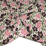 Tissu velours milleraies imprimé SEVENTIES, fleuri rose & aubergine, feuilles vertes - STANDARD 100 OEKO - TEX - tissuspipi.com