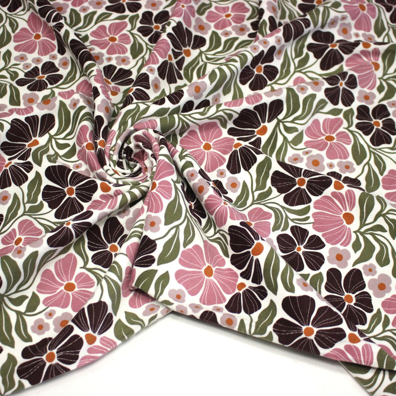 Tissu velours milleraies imprimé SEVENTIES, fleuri rose & aubergine, feuilles vertes - STANDARD 100 OEKO - TEX - tissuspipi.com