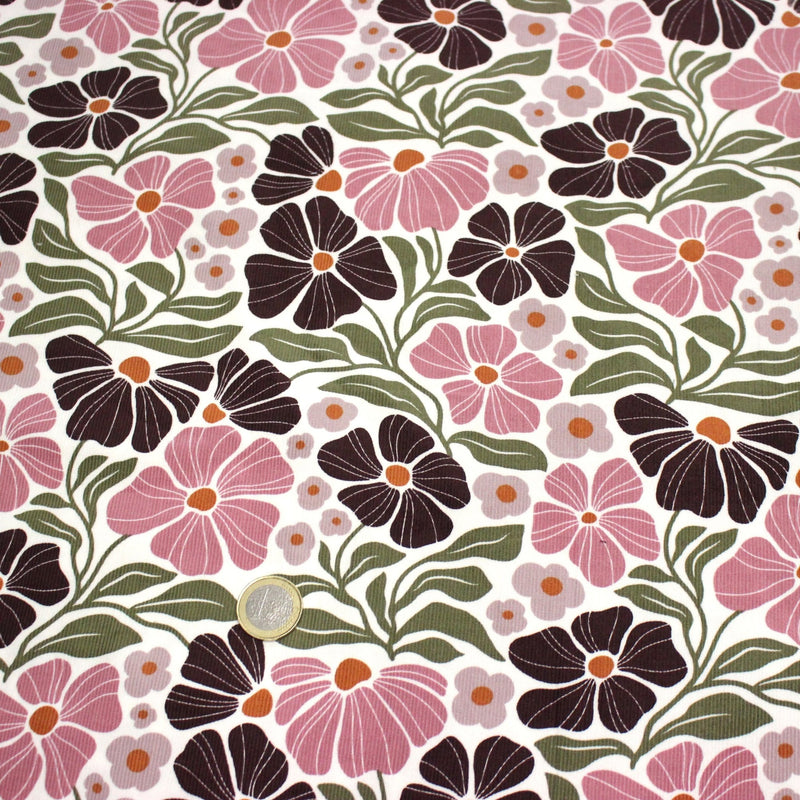 Tissu velours milleraies imprimé SEVENTIES, fleuri rose & aubergine, feuilles vertes - STANDARD 100 OEKO - TEX - tissuspipi.com