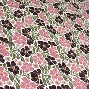 Tissu velours milleraies imprimé SEVENTIES, fleuri rose & aubergine, feuilles vertes - STANDARD 100 OEKO - TEX - tissuspipi.com