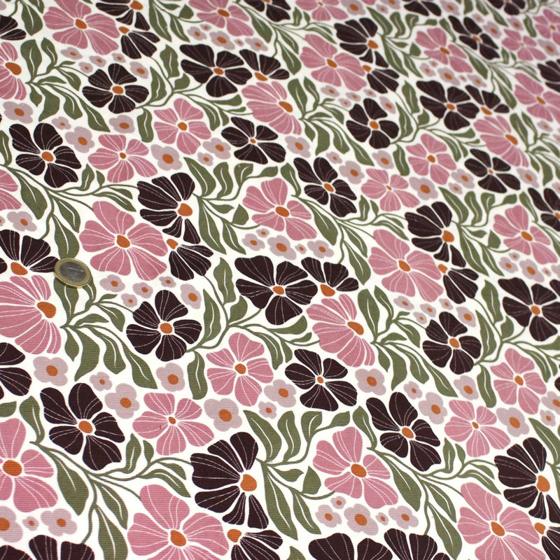 Tissu velours milleraies imprimé SEVENTIES, fleuri rose & aubergine, feuilles vertes - STANDARD 100 OEKO - TEX - tissuspipi.com