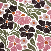 Tissu velours milleraies imprimé SEVENTIES, fleuri rose & aubergine, feuilles vertes - STANDARD 100 OEKO - TEX - tissuspipi.com
