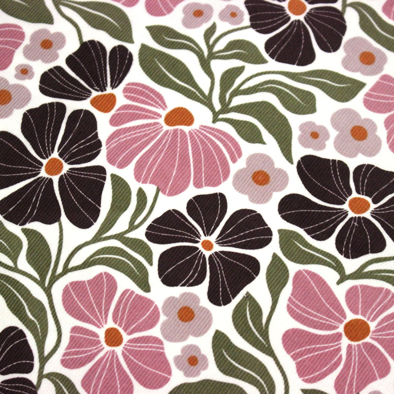Tissu velours milleraies imprimé SEVENTIES, fleuri rose & aubergine, feuilles vertes - STANDARD 100 OEKO - TEX - tissuspipi.com
