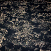 Tissu Toile de Jouy moderne noire & ocre, forêt tropicale, singes et léopards - COLLECTION ANIMALIA, par la maison Thevenon - tissuspipi.com
