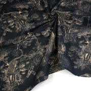 Tissu Toile de Jouy moderne noire & ocre, forêt tropicale, singes et léopards - COLLECTION ANIMALIA, par la maison Thevenon - tissuspipi.com