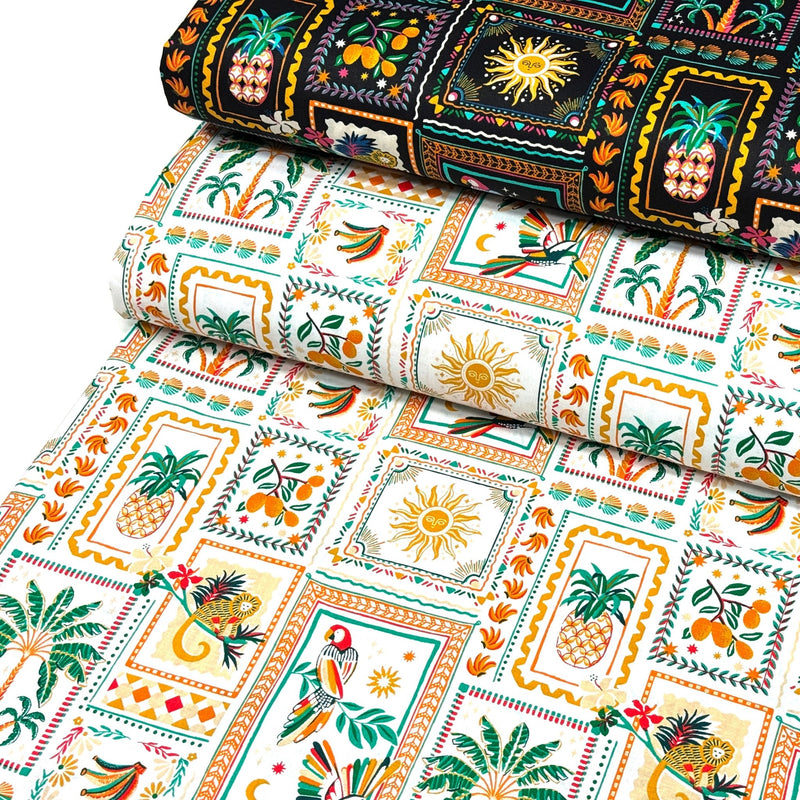 Tissu cotonnade PALMIERS, ANANAS, PERROQUETS - COLLECTION SICILIA - OEKO - TEX STANDARD 100 - tissuspipi.com