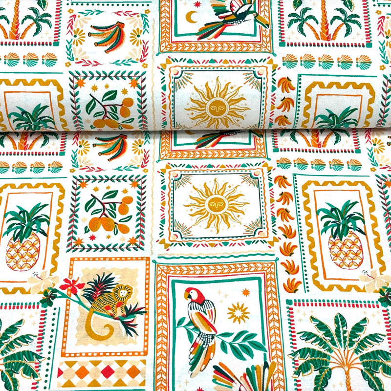 Tissu cotonnade PALMIERS, ANANAS, PERROQUETS - COLLECTION SICILIA - OEKO - TEX STANDARD 100 - tissuspipi.com