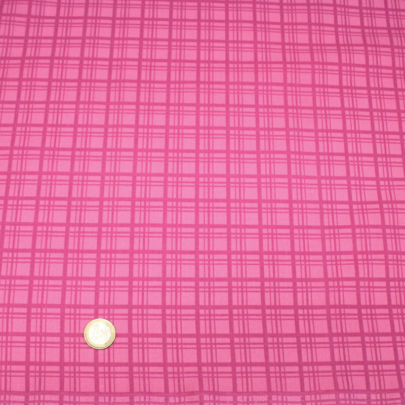 Tissu cotonnade rose fuchsia aux carreaux et liserés rétro - COLLECTION SEVENTIES - tissuspipi.com