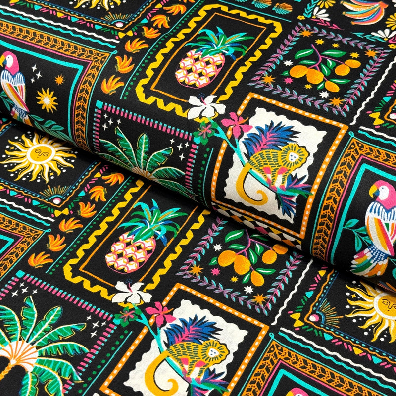 Tissu cotonnade PALMIERS, ANANAS, PERROQUETS - COLLECTION SICILIA - OEKO - TEX STANDARD 100 - tissuspipi.com