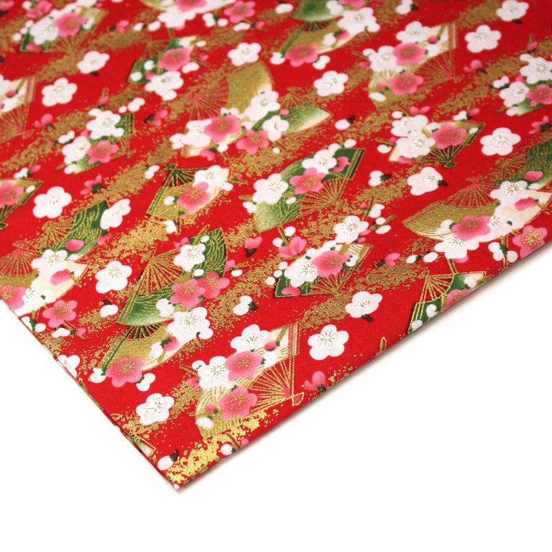 Tissu cotonnade éventails japonais dorés & fleurs sakura : bleu ou rouge - COLLECTION JAPON DORÉ - tissuspipi.com