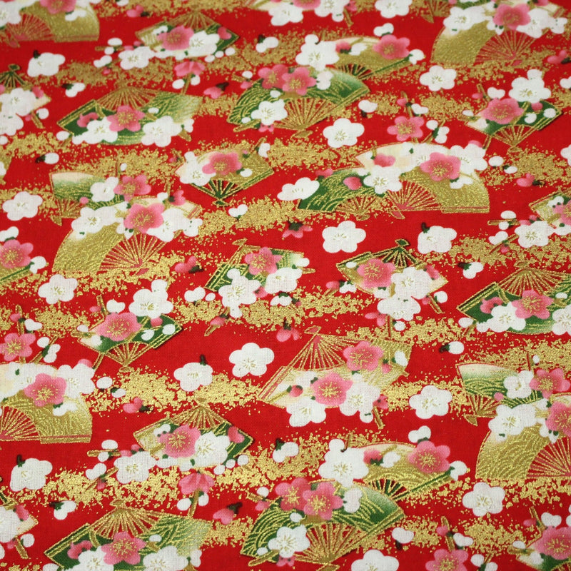 Tissu cotonnade éventails japonais dorés & fleurs sakura : bleu ou rouge - COLLECTION JAPON DORÉ - tissuspipi.com