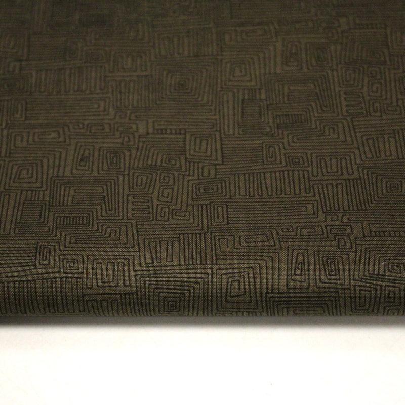 Tissu cotonnade vert marron aux lignes & formes géométriques - COLLECTION SEVENTIES - tissuspipi.com