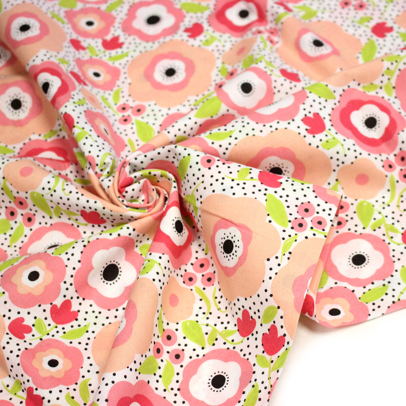 Tissu cotonnade aux belles fleurs roses graphiques sur fond blanc pois noirs - COLLECTION ÉTÉ