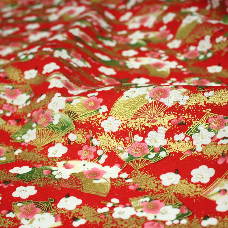 Tissu cotonnade éventails japonais dorés & fleurs sakura : bleu ou rouge - COLLECTION JAPON DORÉ - tissuspipi.com