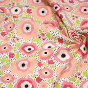 Tissu cotonnade aux belles fleurs roses graphiques sur fond blanc pois noirs - COLLECTION ÉTÉ - tissuspipi.com