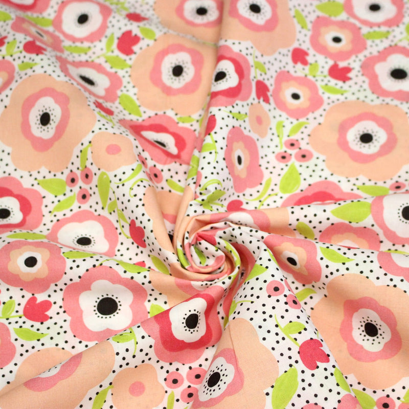 Tissu cotonnade aux belles fleurs roses graphiques sur fond blanc pois noirs - COLLECTION ÉTÉ - tissuspipi.com