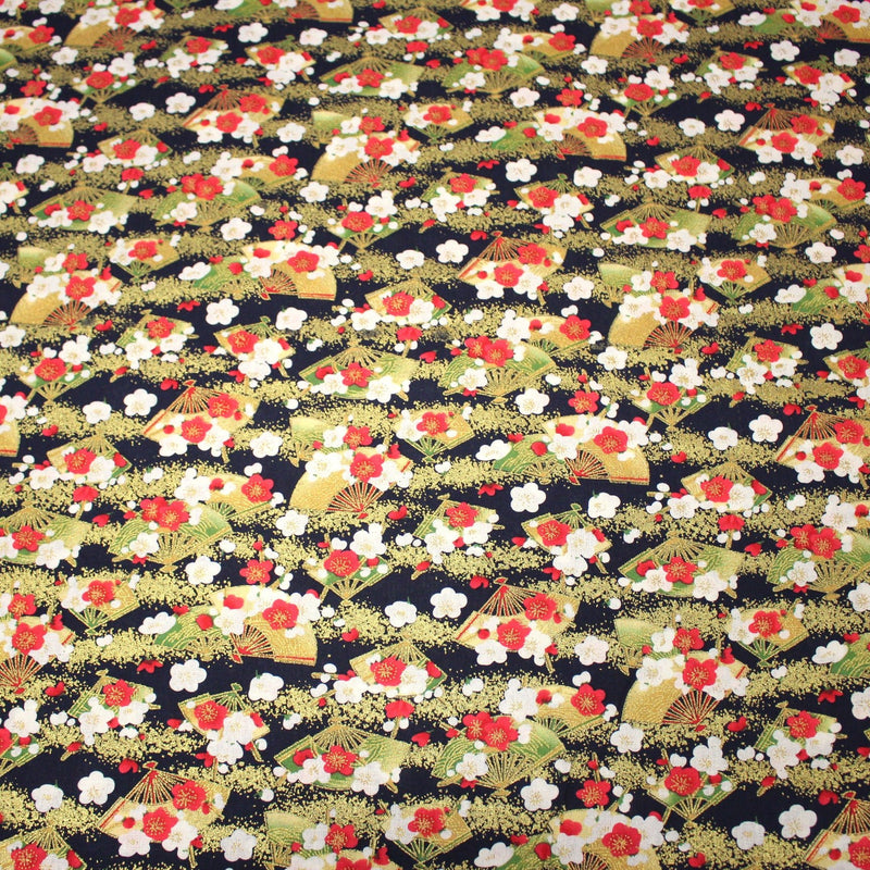 Tissu cotonnade éventails japonais dorés & fleurs sakura : bleu ou rouge - COLLECTION JAPON DORÉ - tissuspipi.com