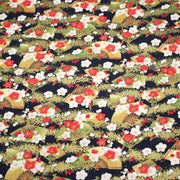 Tissu cotonnade éventails japonais dorés & fleurs sakura : bleu ou rouge - COLLECTION JAPON DORÉ - tissuspipi.com