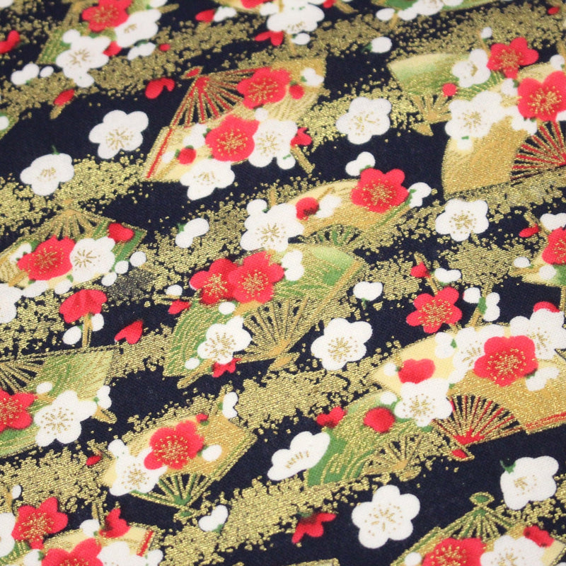 Tissu cotonnade éventails japonais dorés & fleurs sakura : bleu ou rouge - COLLECTION JAPON DORÉ - tissuspipi.com