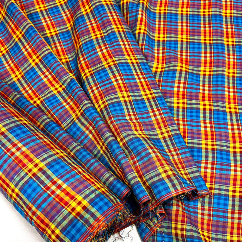 Tissu authentique MADRAS indien bleu jaune rouge, 100% coton - tissuspipi.com