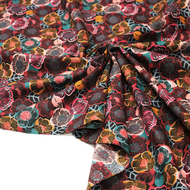 Tissu cotonnade LES FLEURS FAUVES, bordeaux, rose poudré, safran, bleu - OEKO - TEX STANDARD 100 - tissuspipi.com