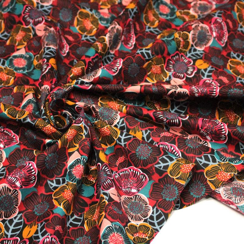 Tissu cotonnade LES FLEURS FAUVES, bordeaux, rose poudré, safran, bleu - OEKO - TEX STANDARD 100 - tissuspipi.com
