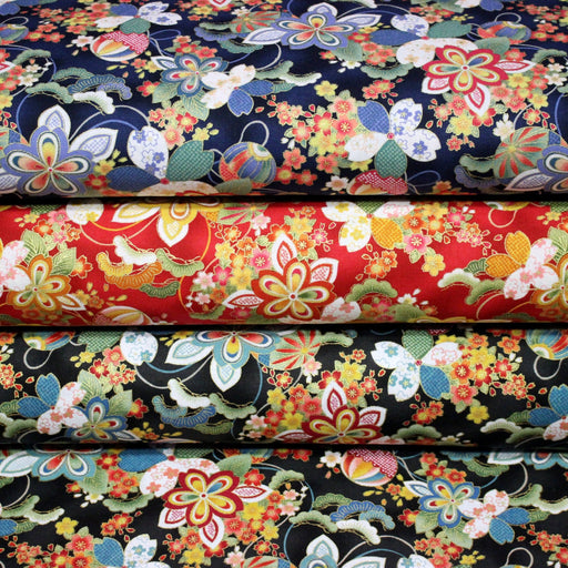 Tissu cotonnade motif japonais traditionnels : fleuris multicolores, fond noir / bleu / rouge - COLLECTION JAPON DORÉ - tissuspipi.com