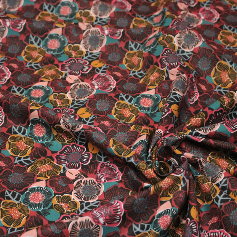 Tissu cotonnade LES FLEURS FAUVES, bordeaux, rose poudré, safran, bleu - OEKO - TEX STANDARD 100 - tissuspipi.com