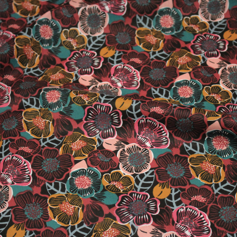 Tissu cotonnade LES FLEURS FAUVES, bordeaux, rose poudré, safran, bleu - OEKO - TEX STANDARD 100 - tissuspipi.com