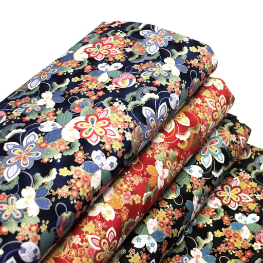 Tissu cotonnade motif japonais traditionnels : fleuris multicolores, fond noir / bleu / rouge - COLLECTION JAPON DORÉ - tissuspipi.com