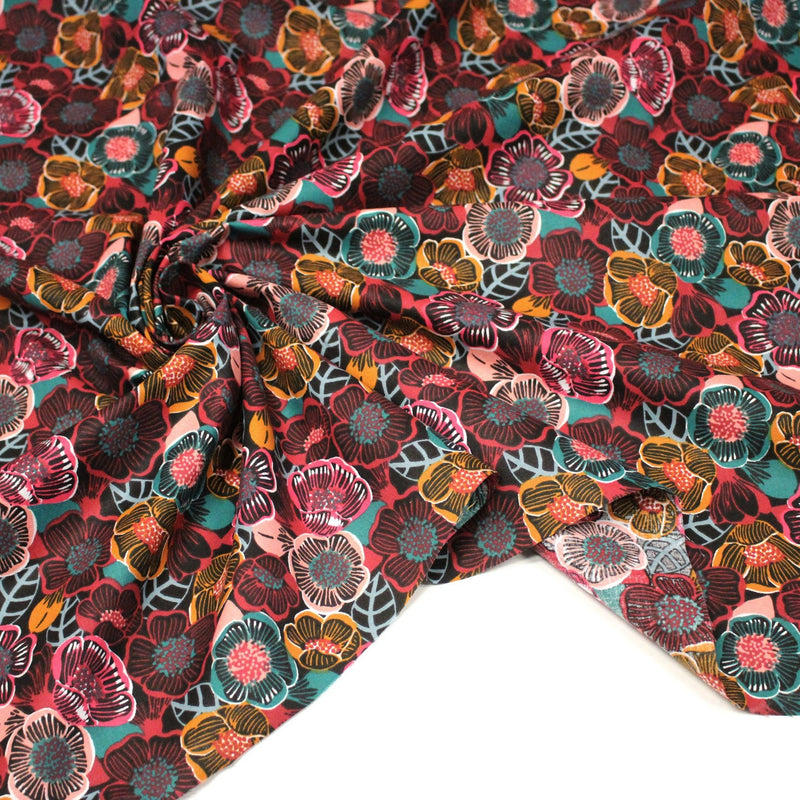 Tissu cotonnade LES FLEURS FAUVES, bordeaux, rose poudré, safran, bleu - OEKO - TEX STANDARD 100 - tissuspipi.com