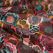 Tissu cotonnade LES FLEURS FAUVES, bordeaux, rose poudré, safran, bleu - OEKO - TEX STANDARD 100 - tissuspipi.com