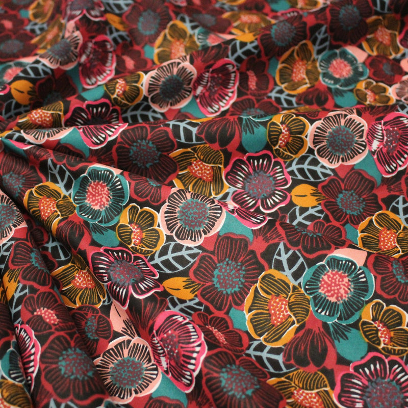 Tissu cotonnade LES FLEURS FAUVES, bordeaux, rose poudré, safran, bleu - OEKO - TEX STANDARD 100 - tissuspipi.com