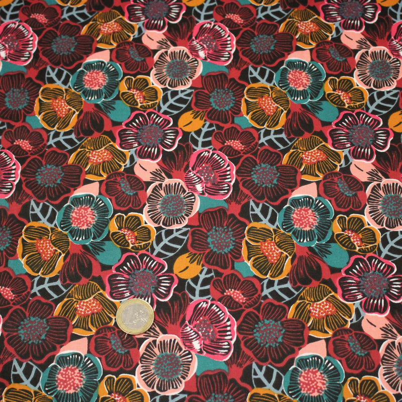 Tissu cotonnade LES FLEURS FAUVES, bordeaux, rose poudré, safran, bleu - OEKO - TEX STANDARD 100 - tissuspipi.com