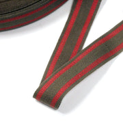 Ruban sergé de coton souple chevrons marron & lignes rouges 30mm - Galette de 100 mètres - Fabrication française - tissuspipi.com