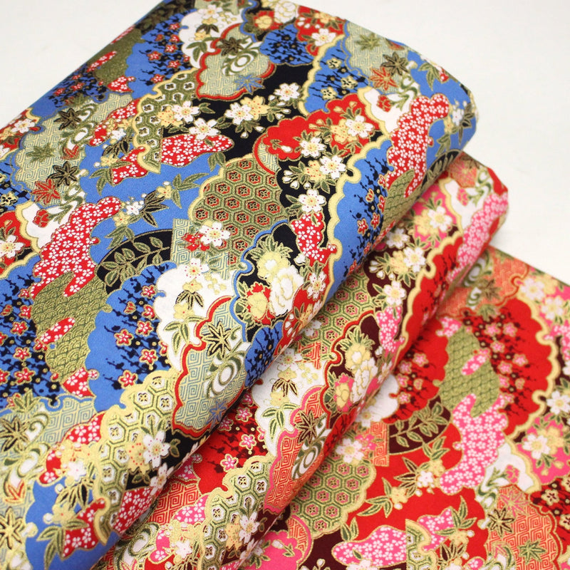 Tissu cotonnade motif japonais traditionnels : fleurs de cerisier, nuages et motifs géométriques dorés, fond bleu / rouge - COLLECTION JAPON DORÉ - tissuspipi.com
